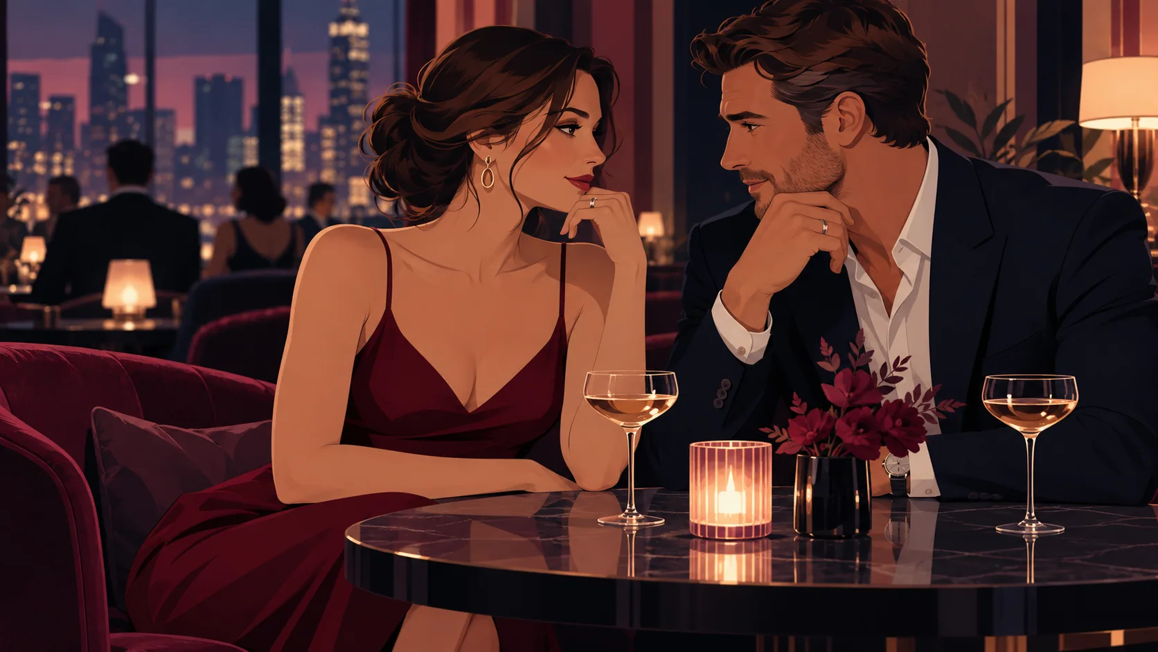 Illustration of two adults facing each other over drinks at a restaurant