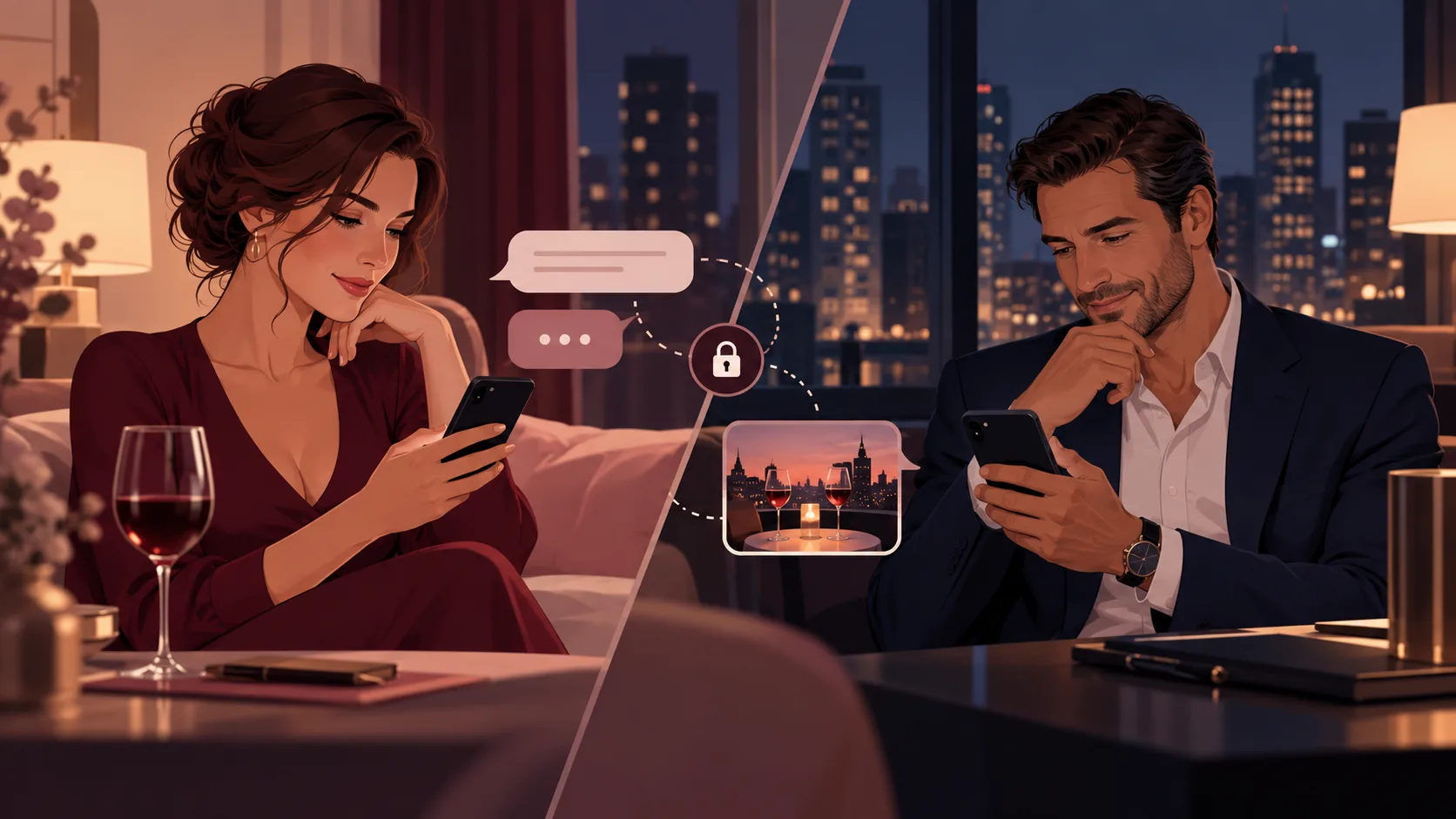 Illustration of two people checking messages on phones with a lock symbol between them