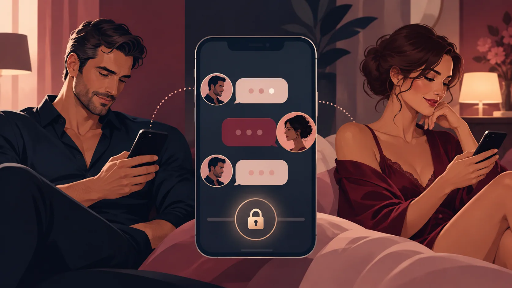 Illustration of two people messaging on phones beside a lock symbol